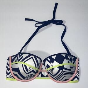 Victoria's Secret Bikini Top Womens 32DD Blue White Halter Summer Beach Pool
